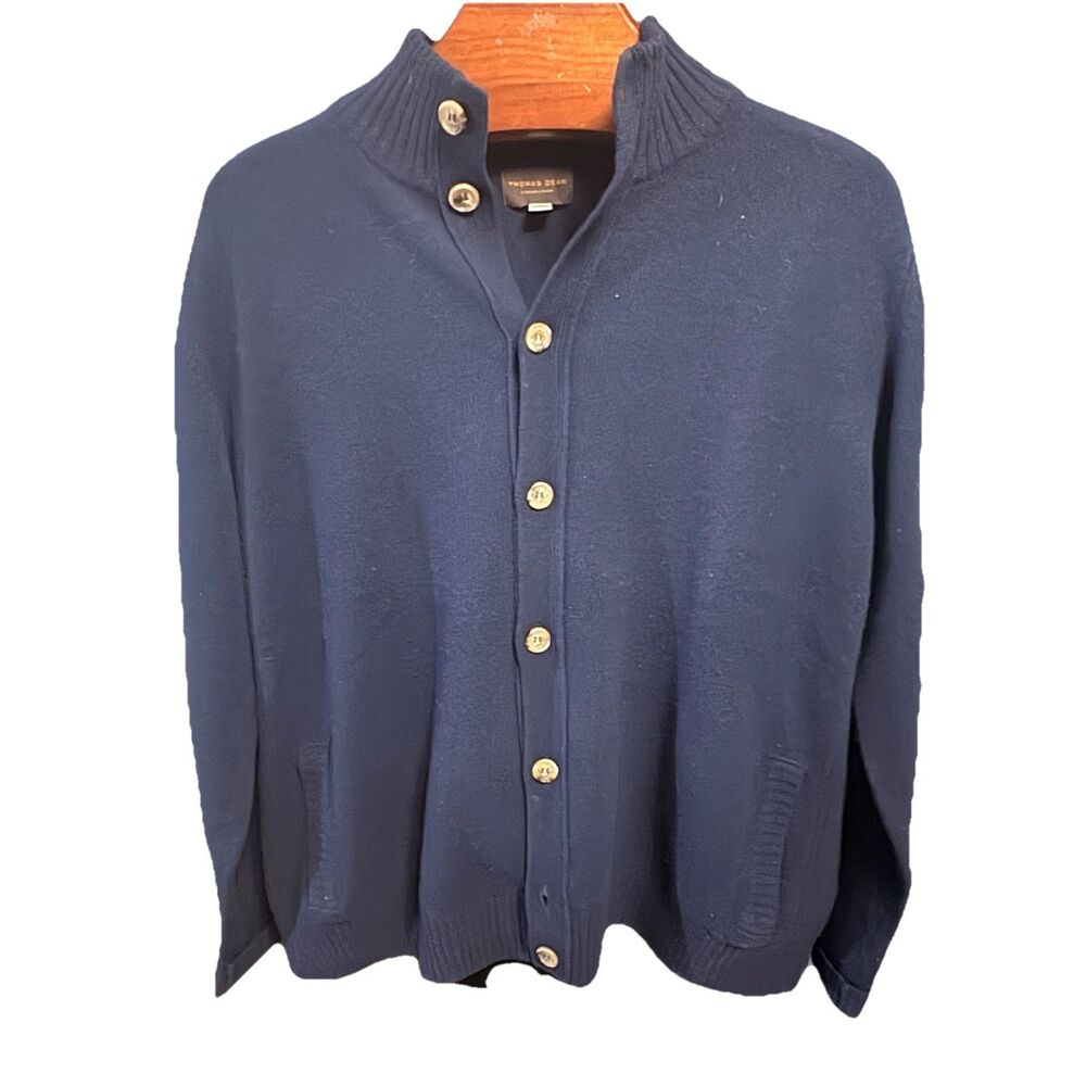 Thomas Dean 100% Lambs Wool Navy Blue Cardigan Sweater Size XL